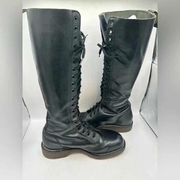 Vintage Dr Martens 1420 20 hole black knee high leather boots England m 8 W 9 - Picture 4 of 13